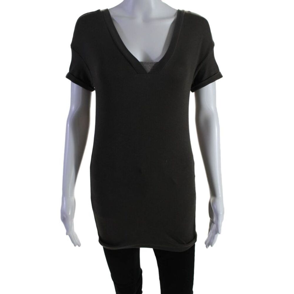 Designer Womens Short Sleeve Beaded Trim V Neck T Shirt Blouse Gray Size S